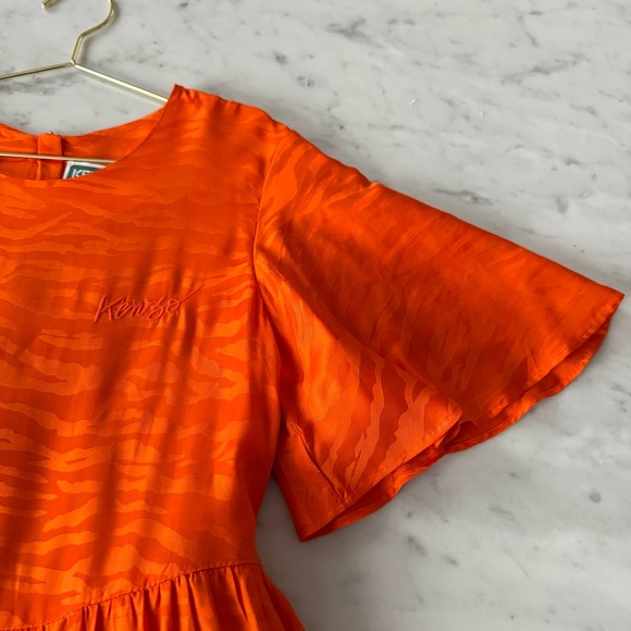 Kenzo Girl’s 12Y Tiered ORANGE TIGER STRIPE Viscose DRESS Wide Sleeves Lined - Picture 4 of 7